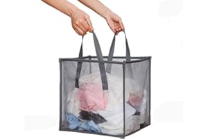HONOMA Mesh Popup Laundry bags Hamper with Handles,Portable Durable Collapsible Storage Easy Folding Pop-Up Clothes Hampers Basket Foldable for Kids Room College Dorm or Travel (Grey,Single-Layer)