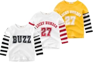 QIN.ORIANNA Boys Casual Long Sleeve Crew Neck Cotton Dinosaur Printed Tops T-Shirts 3 Packs Set 1-7T