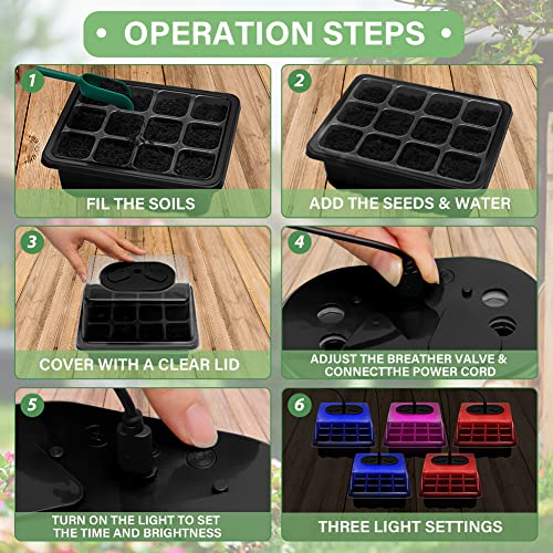 5 Set Seed Starter Trays Kit with 3 Grow Light, Seed Plant Starting Tray with Adjustable Red Purple Blue Lights Brightness & Humidity for Indoor Seed Growing Germinating, Heighten Lid/60 Cells
