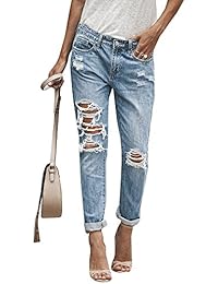 Womens Juniors Ripped Distressed Boyfriend Jeans Roll Up Ankle Denim Pants