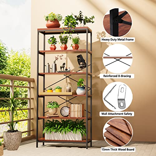 BATHWA Bookshelf 5 Shelf Bookcase Metal and Wooden Bookshelves, Rustic