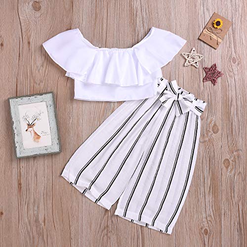 Kids Baby Girls Outfits Floral Ruffle Off Shoulder Crop Tops + Bowknot Denim Shorts Skirt Set Toddler Summer Clothes (Black Striped, 2-3 Years)