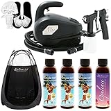 Apollo T100 Mini-Mist HVLP Sunless Spray Tanning System; Belloccio Simple Tan 4 Solution Variety Pack, Tanning Tent & Accessories Kit