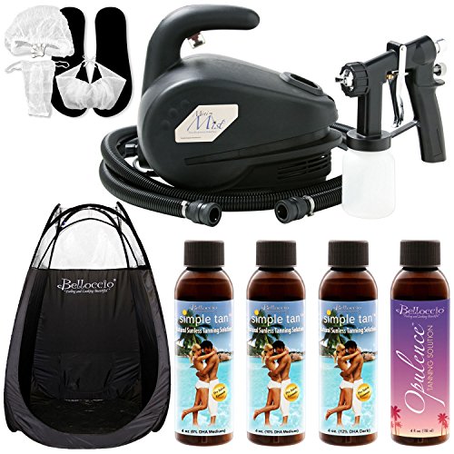 Apollo T100 Mini-Mist HVLP Sunless Spray Tanning System; Belloccio Simple Tan 4 Solution Variety Pack, Tanning Tent & Accessories Kit