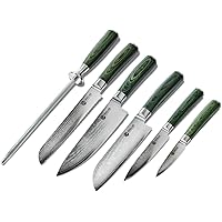 HexClad Essential Knife Set, 6-Piece, Japanese Damascus Stainless Steel Blades, Full Tang Construction, Pakkawood Handles