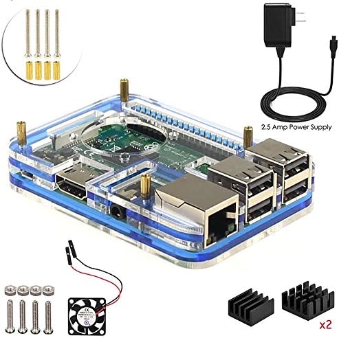 Starter Raspberry Pi 3 Model B Pi 2 Case Kit (5 layers Acrylic Case, Cooling fan, 3Pcs heatsink, 5V/2.5A Power Adapter) (Blue)