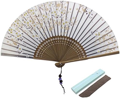 JSSWB Silk Folding Fan, Chinese/Japanese Vintage Retro Style Handmade Silk Hand Fan with a Silk Sleeve and Handmade Tassels for Home Decoration Party Wedding Dancing (Style-8)