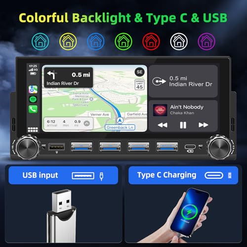 Autoradio 1 DIN Bluetooth avec sans Fil CarPlay et Android Auto - 6,86 Pouces HD Ecran Tactile,Wireless Autoradio avec Caméra de Recul，Bluetooth,Mirror Link,FM Radio,EQ,Mic,USB,Type-C, Navigation GPS
