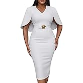 CHICME Women's Elegant Cape Sleeve Bodycon Midi Dress V-Neck Back Slit Slim Fit Cocktail Pencil Dress
