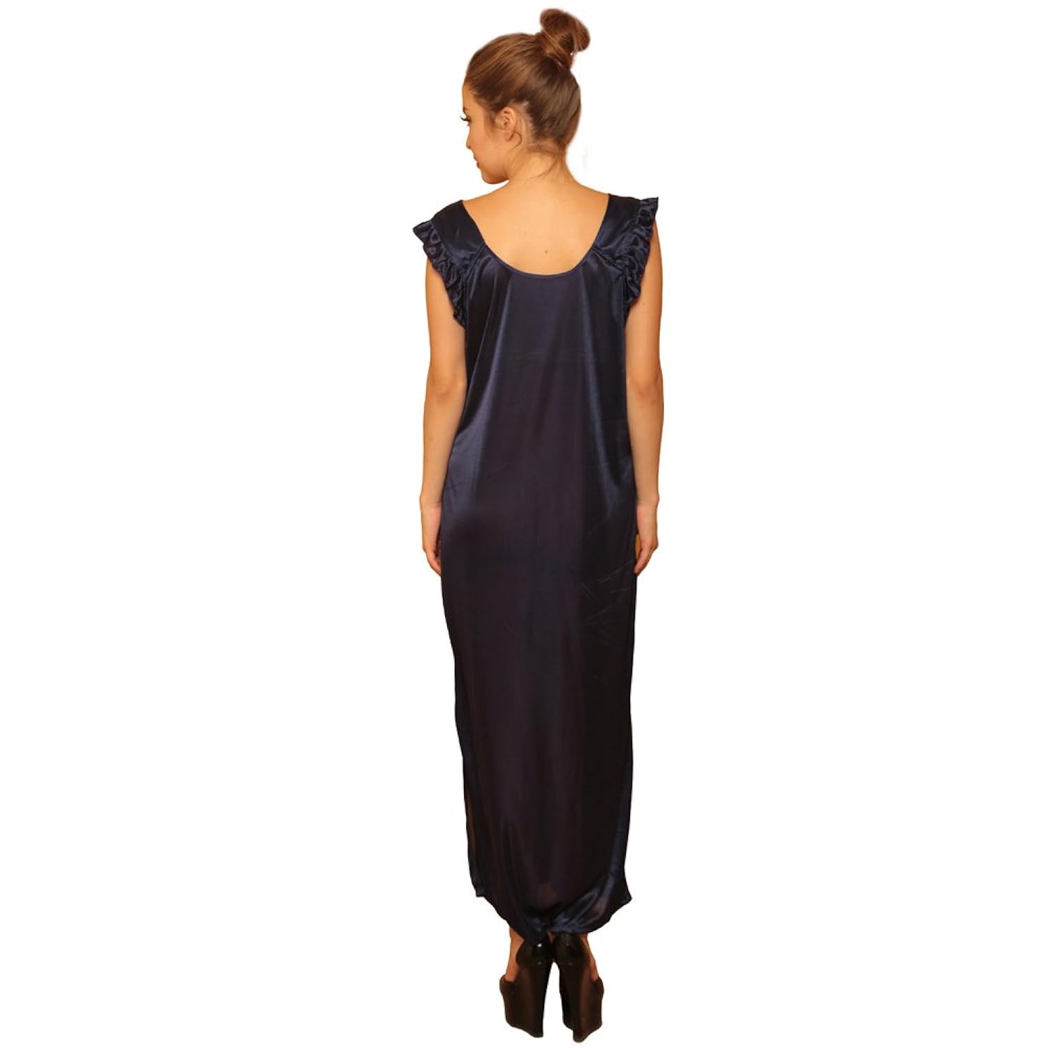 clovia women's 4 pcs satin nightwear in navy - robe, nightie, top, capri