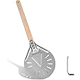 Turning Pizza Peel, 8 Inch Round Aluminum Metal Non-Slip Perforated Pizza Paddle with 15.6 Inch Wooden Handle for Homemade Pi