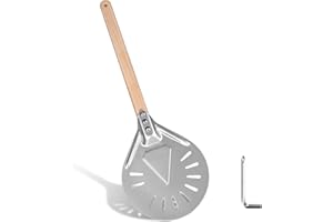 Turning Pizza Peel, 8 Inch Round Aluminum Metal Non-Slip Perforated Pizza Paddle with 15.6 Inch Wooden Handle for Homemade Pi