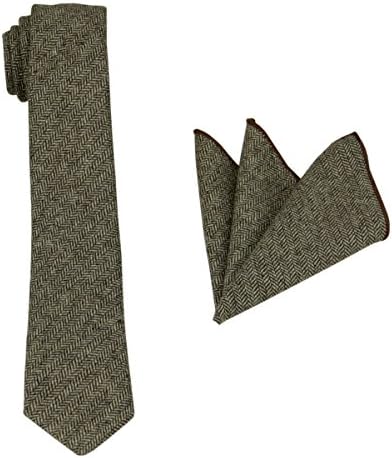 Mens Herringbone Wool Tie Set: Necktie with Matching Pocket Square