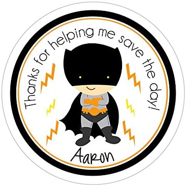Personalized Customized Birthday Party Favor Thank You Stickers - Bat Boy Superhero - Round Labels - Choose Your Size
