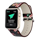 KOBWA Apple Watch Band 42mm, Premium Leather Strap Wrist Band Replacement with Stainless Metal Clasp for Apple Watch Series 1 Series 2 42mm All Models Black And Red Flowers