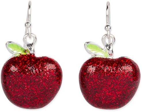 Red Apple Sparkling Enamel Polished Silver Tone Fruit Dangle Earrings
