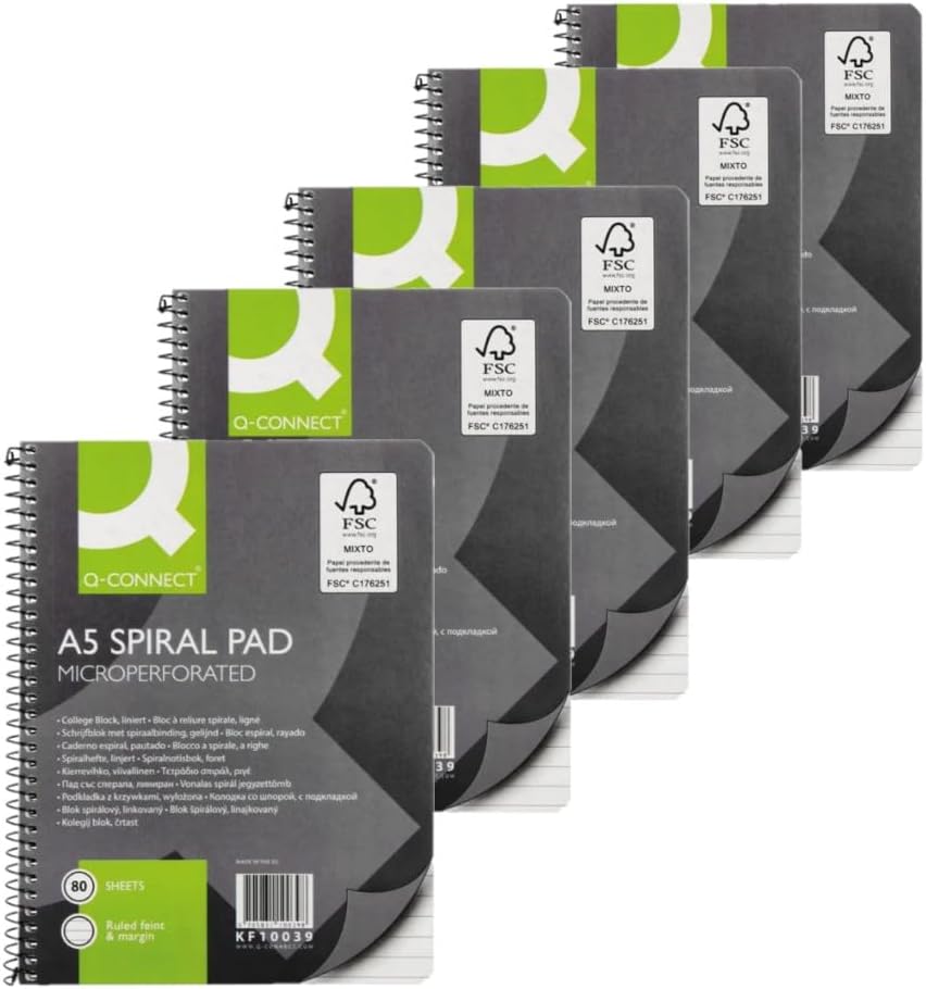Q-Connect Executive A5 Plus 80 Leaf Ruled Feint and Margin Spiral Pad Pack of 5