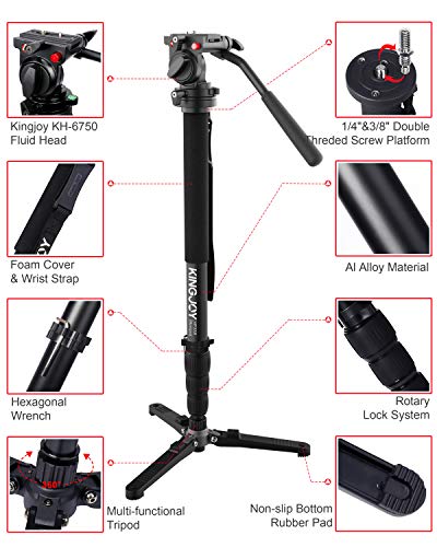 KINGJOY Video Monopod Kit, with Fluid Head and Removable Tripod Feet, 69 inch Max Height 22lbs Max Load for DSLR Cameras, MP3008+KH-6750