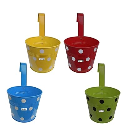 Kraftsplanet Garden Decor Set of Four Polka Painted Ribbed Design Railing planters with Detachable Hooks.