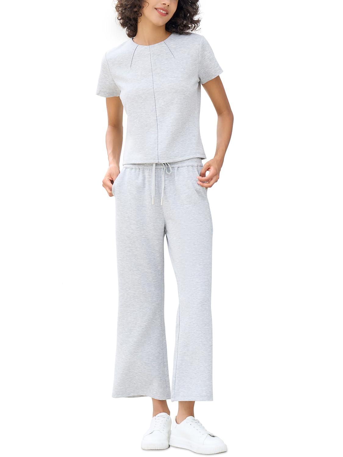 Photo 1 of EYZH Womens Travel Outfits 2 Piece Sets,Short Sleeve Crewneck Tops Wide Leg Crop Pants,Lounge Sets Two Piece Casual Tracksuit(Light Grey,X-Large)