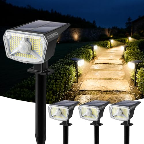 SUNNMO Solar Lights for Outdoor Use with Motion Sensor, Solar Lights Garden 104 LED 3 Modes Weatherproof IP65 Waterproof Solar Garden Lights Solar Spotlight for Outdoor Garden Very Bright Warm White