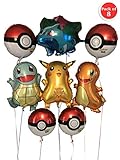 RainTraders Large Pokémon Birthday Party Balloons – 8 pieces, over-2-feet-tall each: Pikachu Ivysaur Charmander Squirtle + 4 round Pokeball 18