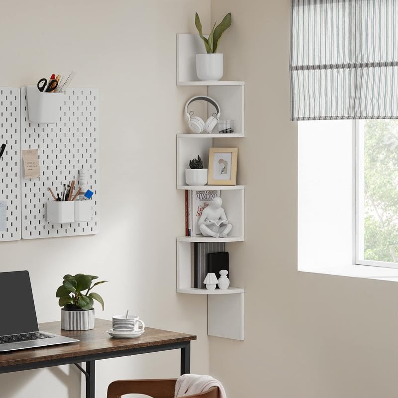 VASAGLE Corner Shelf Wall Mount, 5-Tier Floating Corner Bookshelf, Plant Shelf for Bedroom, Living Room, Bathroom, Home Office, Cloud White