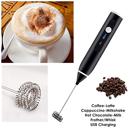 EZCO Milk Frother Handheld Electric USB Charging Drink Mixer Foam Maker for Coffee, Latter, Hot Chocolates with Egg Beater/Coffee Needle/Stencils, Black