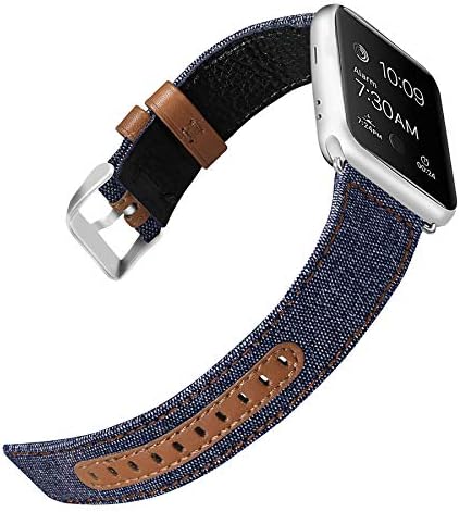 iHillon Compatible with Apple Watch Bands 45mm 41mm 42mm 44mm 38mm 40mm Men Women, Classic Canvas Fabric Genuine Leather Replacement Wristbands for iWatch Series 7 6 SE 5 4 3 2 1