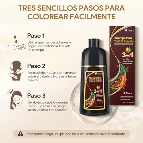 Dark Brown Hair Dye Shampoo 3 in 1, Shampoo para Canas con Tinte, Champú para Teñir el Cabello Marrón Oscuro, Champú Tinte Cubre Canas para Mujer y Hombres (500ML)