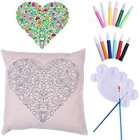 1pc Flower Heart DIY Art Fabric Coloring Painting Pillow Cushion Cover Craft Gift DIY Kit for Kids Teen Girls Him Her Boyfriend Girlfriend