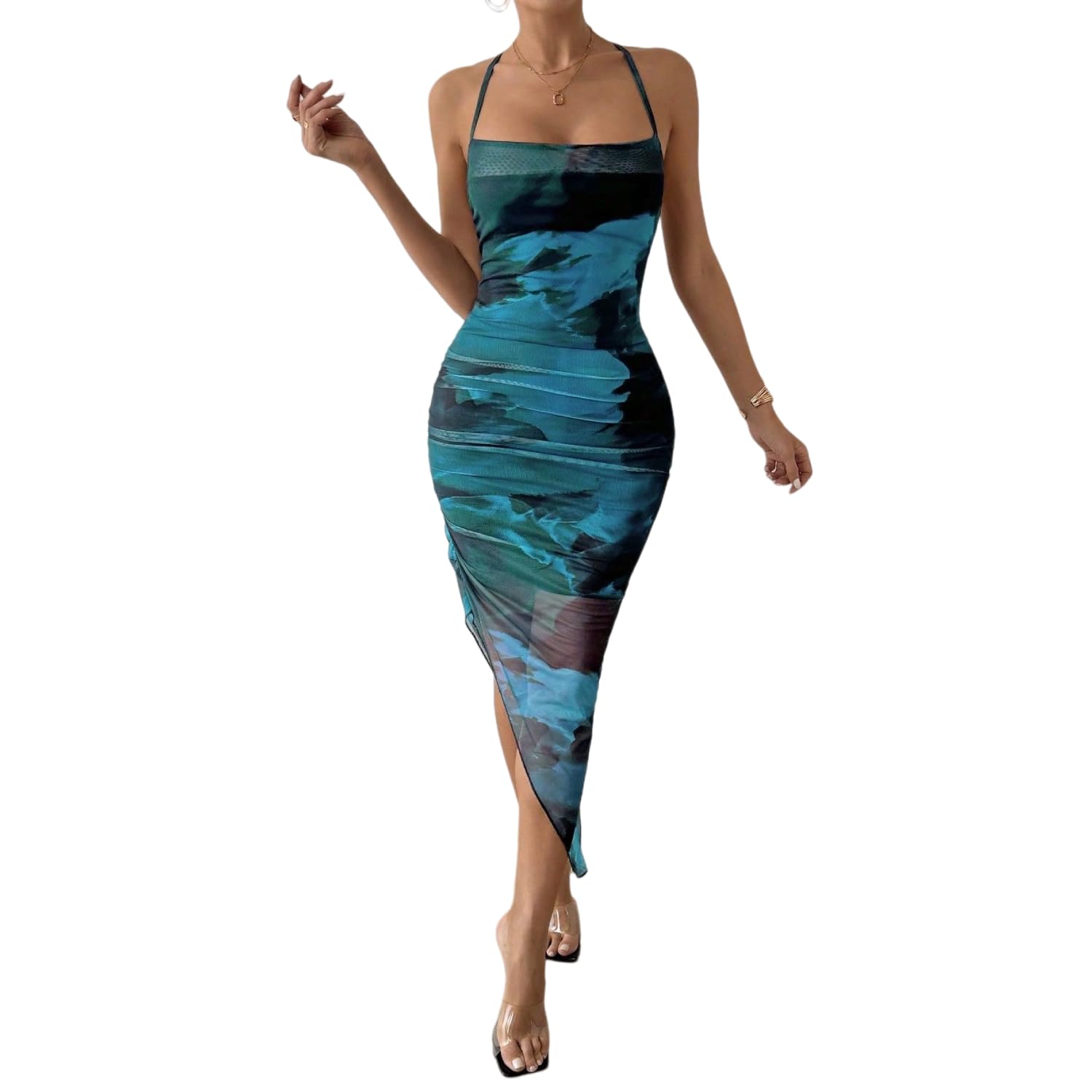 Photo 1 of LIGHT DOT Women's Summer Dress Printed Bodycon Ruched Midi Tie Dye Sexy Cami Side Slit Mesh Layered (Lake Blue,S)
