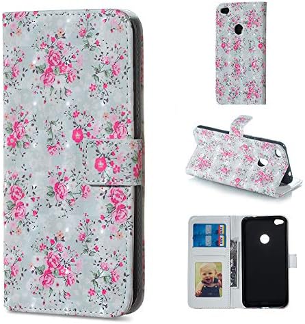 BestCatgift P8 Lite PU Leather Folio Flip Cover [3D Relief Pattern ][Kickstand] For Huawei P8 Lite 2017/P9 Lite 2017/Honor 8 Lite/Nova Lite/GR3 Magnetic Wallet Case - Rose
