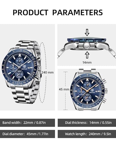 BENYAR by Men's Watch Chronograph Analogue Quartz Waterproof Date Large Dial Classic Fashion Business Watches Elegant Bracelet for Men