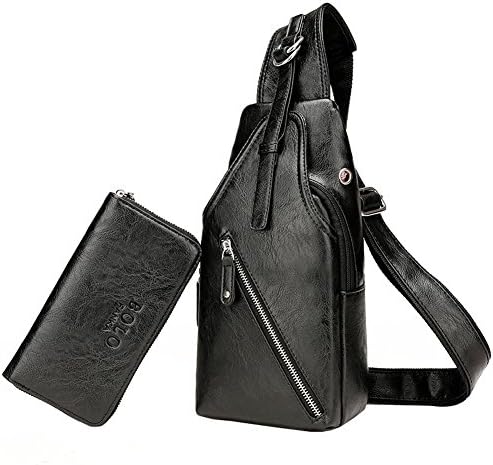 PU Men Chest Pack+Handbag Shoulder Messenger Sling Bag Satchel Travel Purse Crossbody Hiking(black-2)