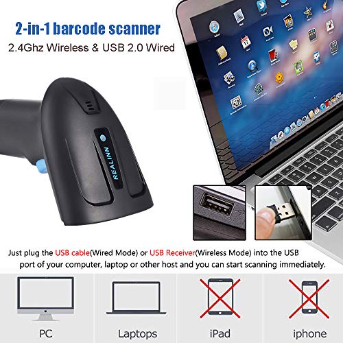 REALINN Wireless Barcode Scanner 1D 2D QR Code Scanner USB Rechargeable