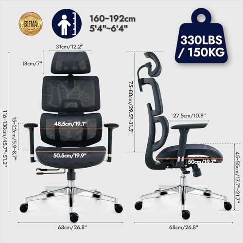 TONFARY Professional Ergonomic Office Chair - Breathable Mesh Backrest, 130° Tilt, 3D Armrests and Adjustable Seat - Swivel Wheels, 150kg
