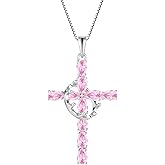 Vinoya Crown Cross Necklace for Women 925 Sterling Silver Pear Shaped Birthstone Necklace Cross with Rotatable Crown Pendant Fine Jewelry