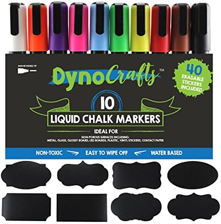 DynoCrafts Liquid Chalk Markers, 6mm, 10 pack with 40 Black Vinyl Stickers
