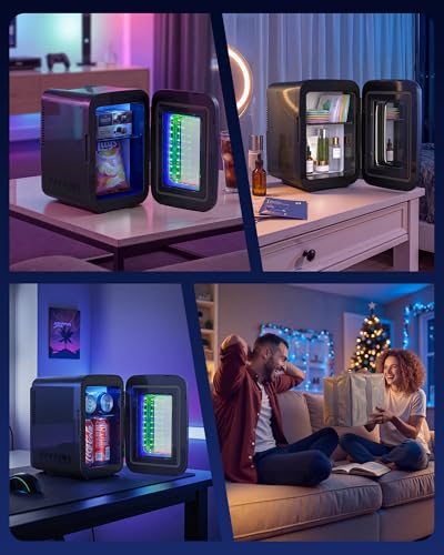 Upstreman Mini Fridge for Bedroom, 4 Liter/6 Cans, Mini Fridge with Infinite Lights, Cooling, 12V/220V, Mini Gaming Fridge for Game Room, Dorm, Car, Black, TR4-S