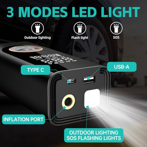 Cordless Tyre Inflator Portable Air Compressor Digital Car Tire Pump DC 12V 150 PSI Electric Air Pump for Vehicle Tyres/Bike/Inflatables with Preset and Auto Shutoff Function/ 4 Nozzles/LED Light
