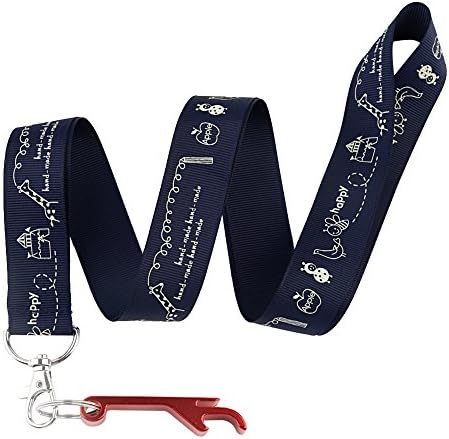 Dark Blue Happy Animal Live Keychain Keyring Key Chain Holder Lanyard Straps with Mini Silver Steel Spring Clips -with Red Bottle Opener Keychain