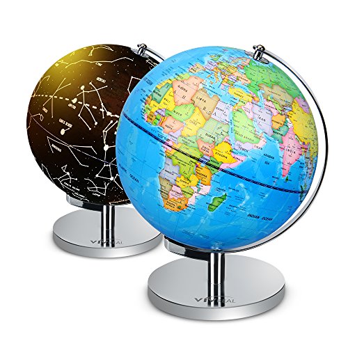 Illuminated World Globe - 2 in 1 Globe with Plug, Daytime View 9" World Globe, Night View Stars and Constellations Globe, Built-in LED Bulb, No Battery Required, Educational Gift, Night Stand Decor