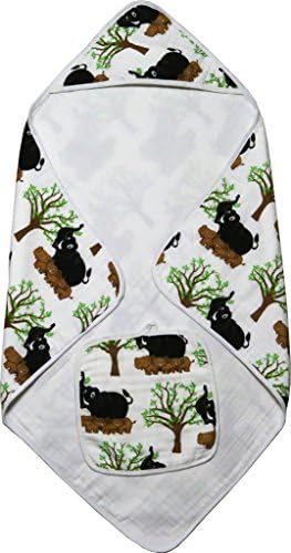 ChaBabee Large 2-Piece Set Baby Infants to Toddlers and Beyond Muslin 100% Cotton Hooded Bath Towel + Washcloth Set Unisex for Boys or Girls โ Elephants Green Brown