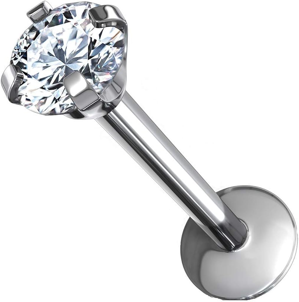 PiercedOff 1.2mm Titanium Labret with 2mm Clear CZ Gem - Length 6mm, Steel, 6mm with 2mm gem