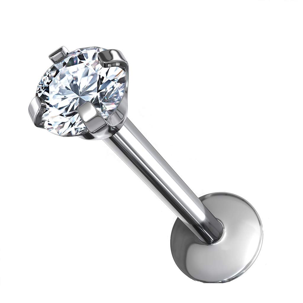 PiercedOff 1.2mm Titanium Labret with 2mm Clear CZ Gem - Length 10mm