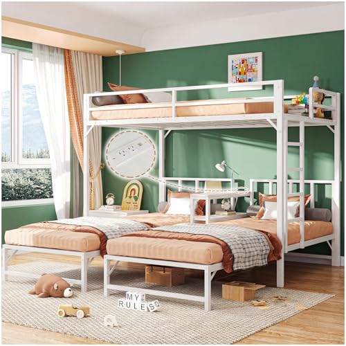 Simple Wisdom Literas de 3 Camas,Literas Individuales Tiene Tres Base Cama Individual,Litera Triple con Mesa,Equipado con Barandillas y Escaleras,La Base Metal es Resistente y Estable (Blanco)