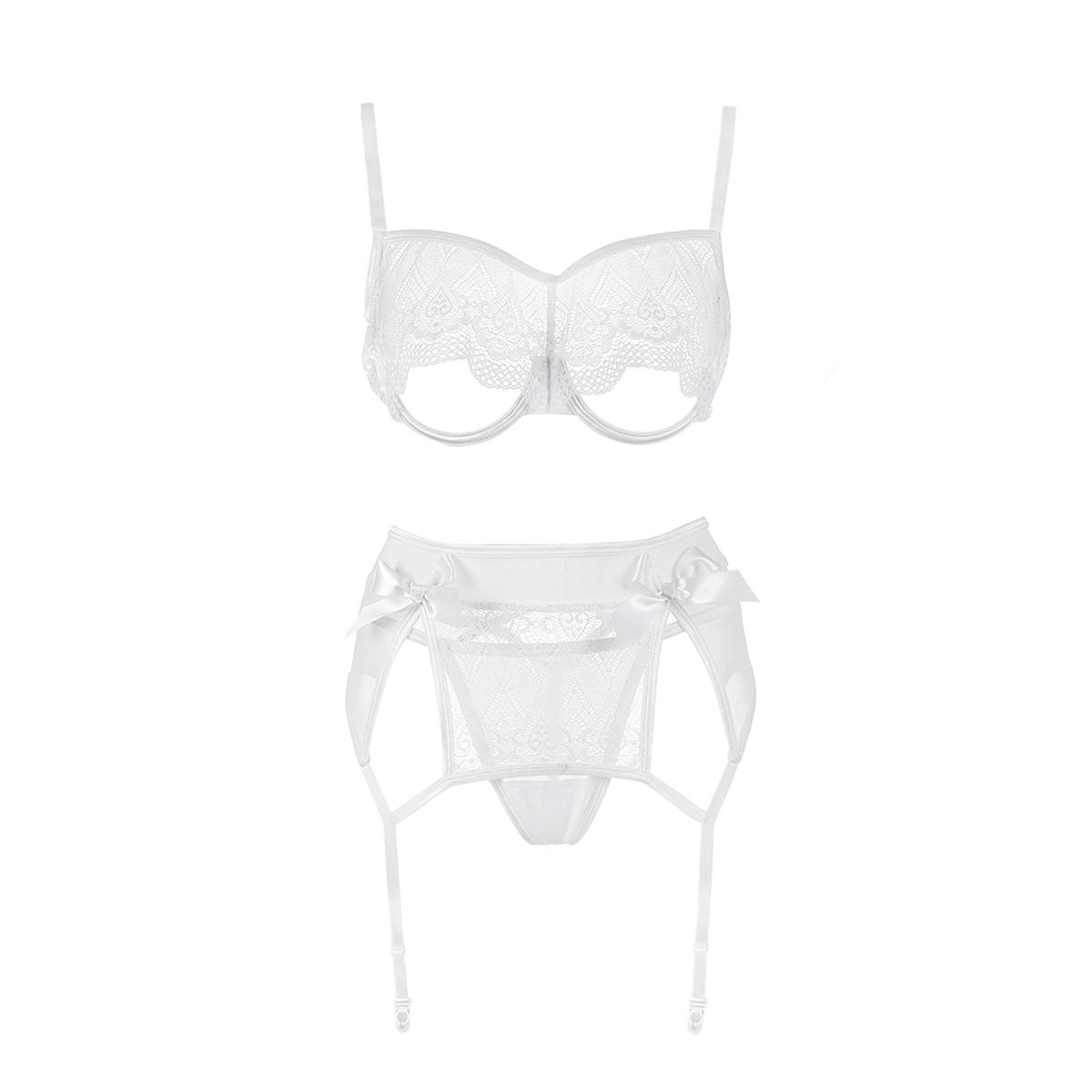 xspice Sexy Lingerie Set for Women, 3 Piece Lingerie for Women with Garter Belts and Thong, Excluding Stockings (M/L, White)