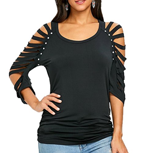 Wintialy Womens Fashion Hollow Out Beading O-Neck Cut Out Ripped Sleeve T-Shirt Tops