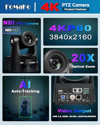 FoMaKo 4K 60FPS NDI HX3 PTZ Camera, NDI Output 4K@60, 20x Optical Zoom, AI Car Tracking, 3G-SDI HDMI2.0 LAN PoE USB3.0, Professional NDI Live Streaming Camera (K600N Black)